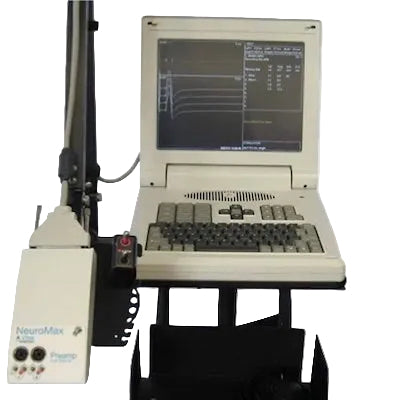 Laptop with a screen displaying text and a device labeled 'NeuroMax' on a white background